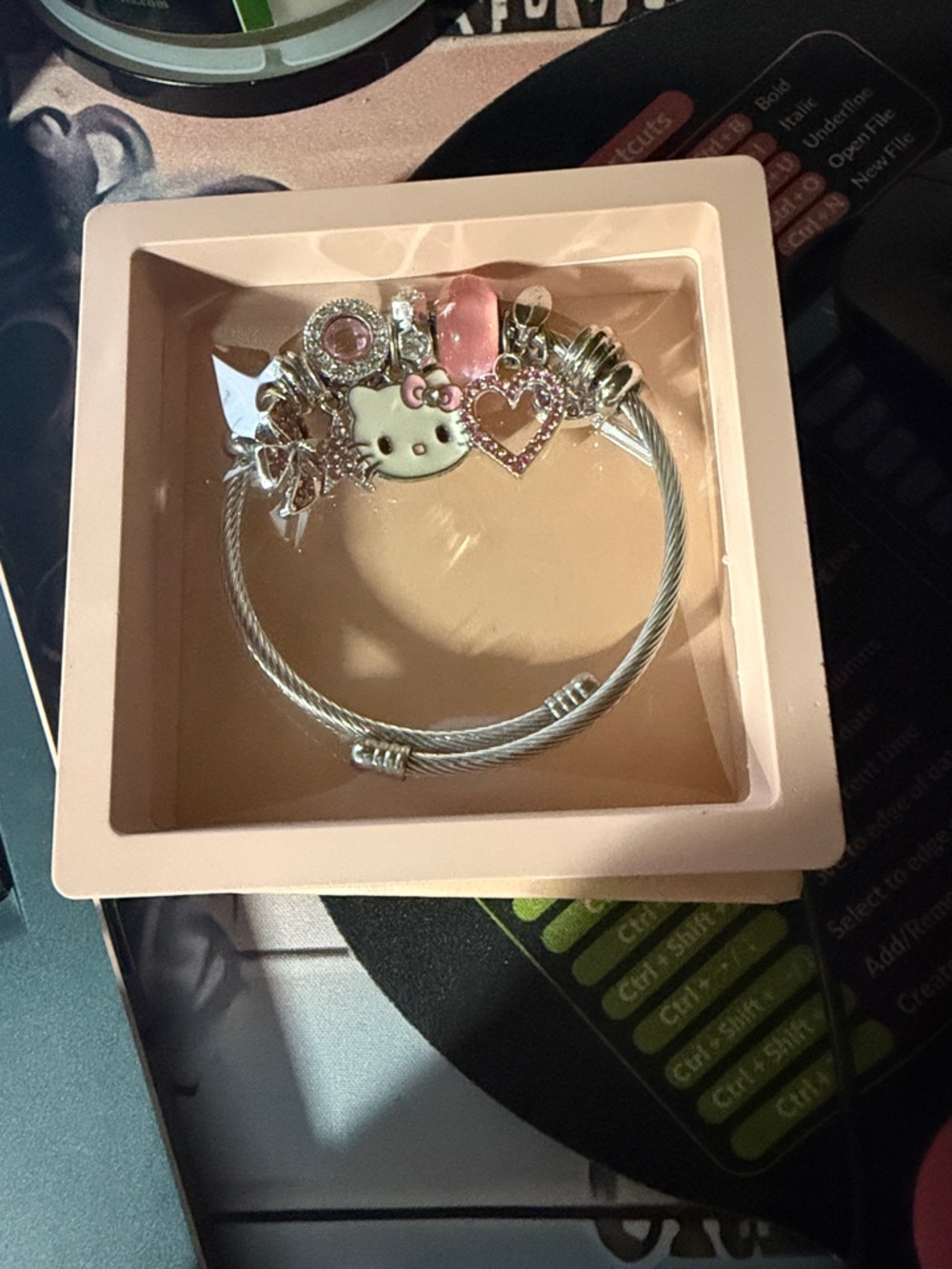 Pink & Silver Enamel Charm Bracelet with Heart Accent